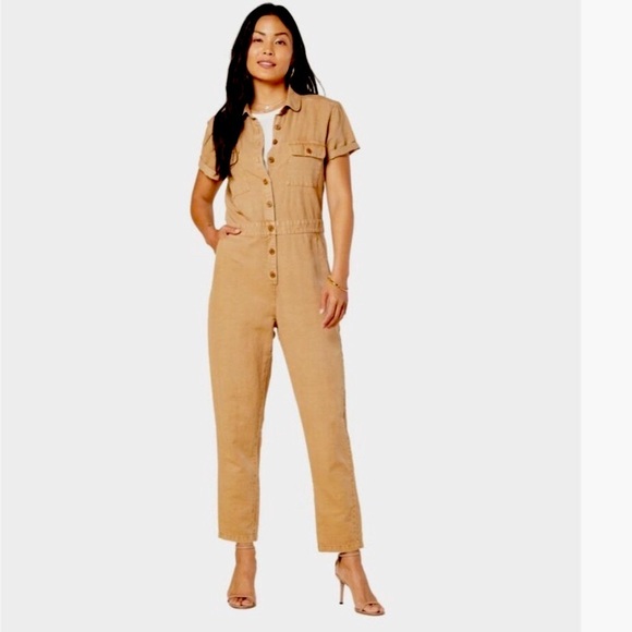 Outerknown SEA suit tan sand utility jumpsuit linen blend size Large NWT - Picture 1 of 12